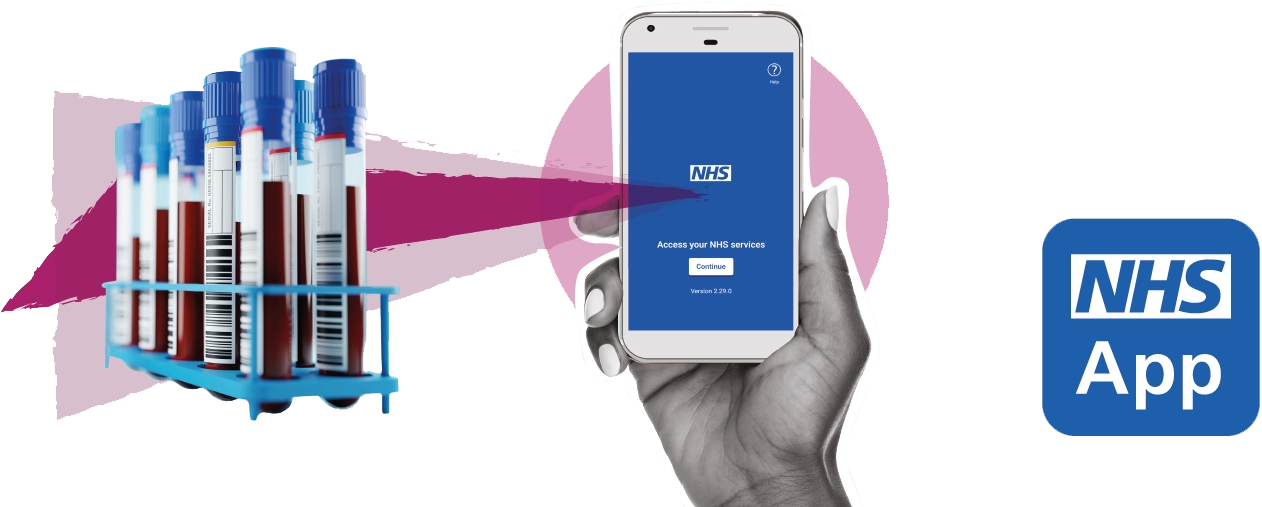 Image of the NHS app Logo with a graphic of test results
